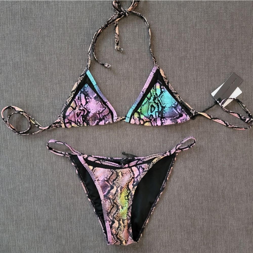 Kendall & Kylie Women's Mesh Trim Tie Dye Snake Triangle Bikini Set Size…